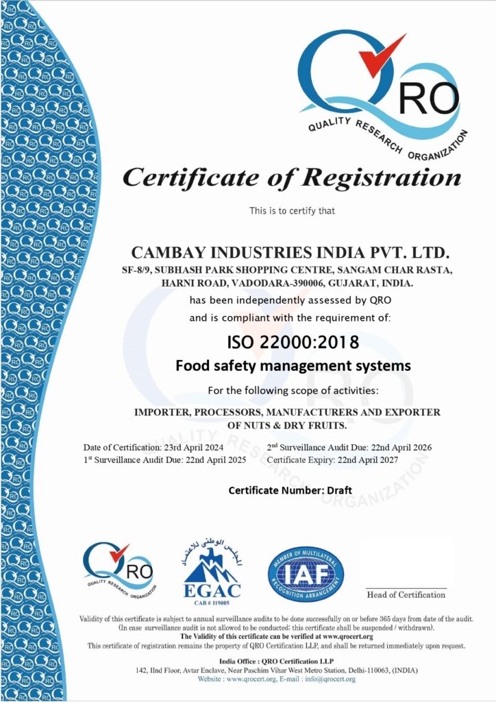 Cambay ISO 22000 : 2018 certificate